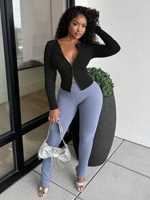 Alexandranx 拉链圆领长袖上衣休闲度假机场假日可爱返校秋季冬季 - 黑色 - 查看 6