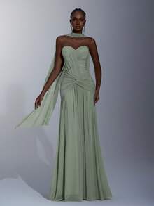 Elitara 优雅的灰绿色高弹力针织网眼紧身胸衣，正面有褶饰，腰部扭纹，鱼尾廓形（可拆卸吊带），飘逸的鱼尾下摆，适合约会、度假、单身派对、婚礼和所有正式场合，精致的晚礼服