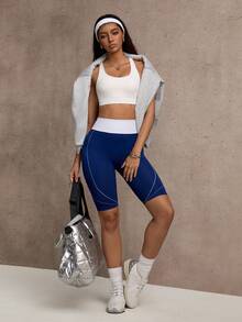 Dewbera Quần short tập thể dục cạp cao màu tương phản dành cho nữ - Màu xanh hải quân - Xem 4