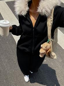 SHEIN EZwear 2 件女式秋冬休闲毛绒加厚毛领连帽衫和运动裤套装万圣节服装女式圣诞服装哥特式女装 - 黑色 - 查看 3