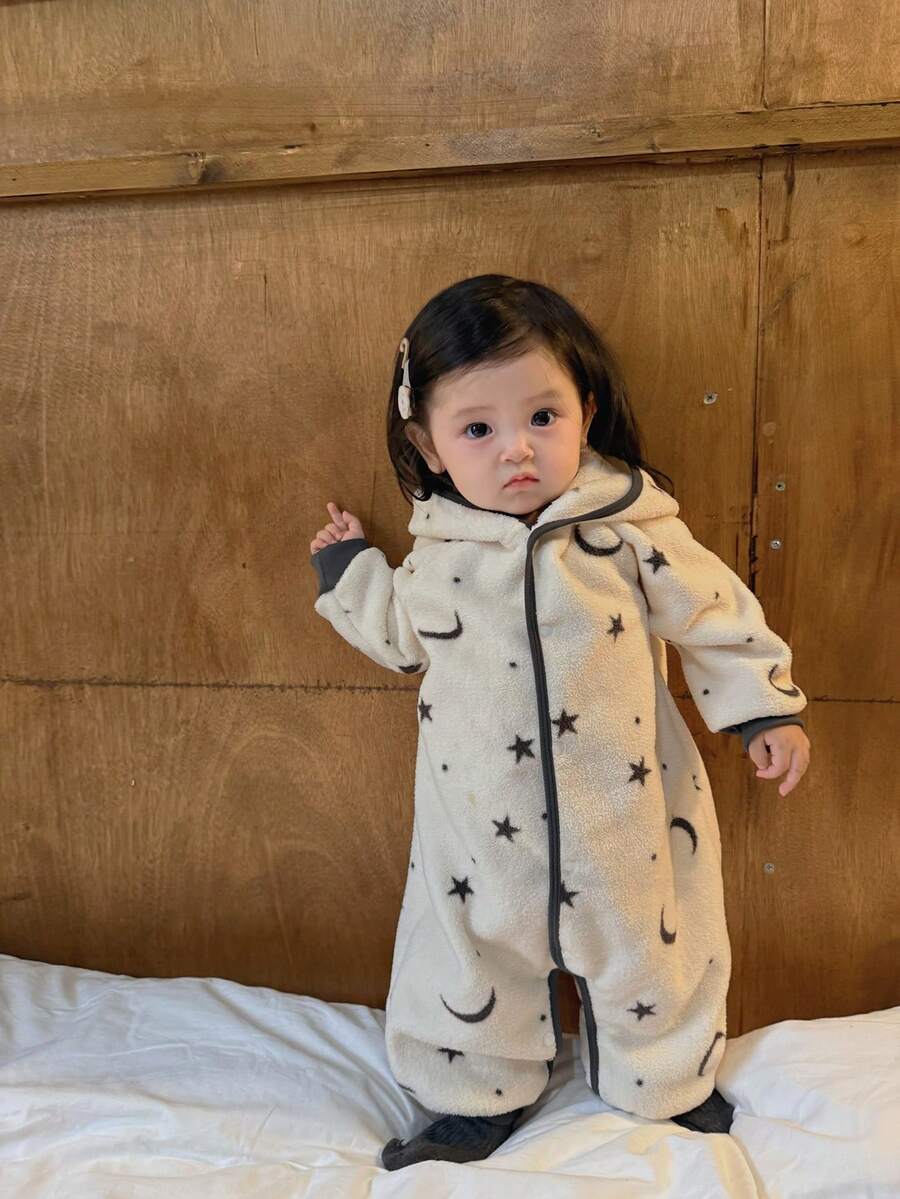 DAZY Bộ đồ liền thân in họa tiết lông cừu có mũ trùm đầu cho bé gái sơ sinh/trẻ mới biết đi, trang phục mùa đông thoải mái - trắng - Xem 1