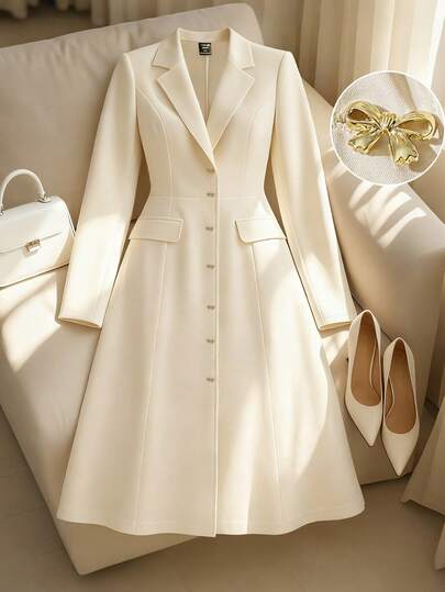 GlowEve CURVE 大码女式优雅缺口领收腰单排扣长袖连衣裙，适合工作，秋季