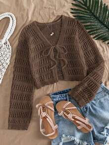SHEIN Tween Girl Hollow Knit Cardigan, Suitable For Casual Outings, Beach Vacations, Parties And More, Comfortable Versatile Soft - Multicolor - View 2