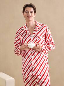 2 piezas Conjunto de pijama de satén estilo británico para hombres, ropa de invierno - Multicolor - Ver 7
