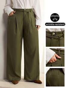 Momelise 大码纯色高腰抽绳褶皱阔腿裤 - 軍綠色 - 查看 1
