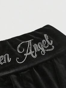 ROMWE Grunge Punk Y2K Velvet Rhinestone Graphic Cropped Hoodie & Low-Rise Flare Pant2 Piecesce Set For Women - Black - View 5
