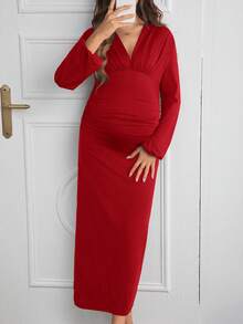 SHEIN 孕妇婴儿派对女士连衣裙，带袖纯色V领褶皱连衣裙 - 紅色 - 查看 4