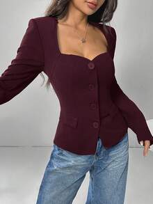 SHEIN EZwear Chaqueta de traje casual de moda sencilla para mujer en color rojo vino para otoño e invierno - Burdeos - Ver 3