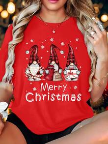 EMERY ROSE 女款圣诞小矮人图案印花短袖T恤-圆领休闲上衣 - 紅色 - 查看 1