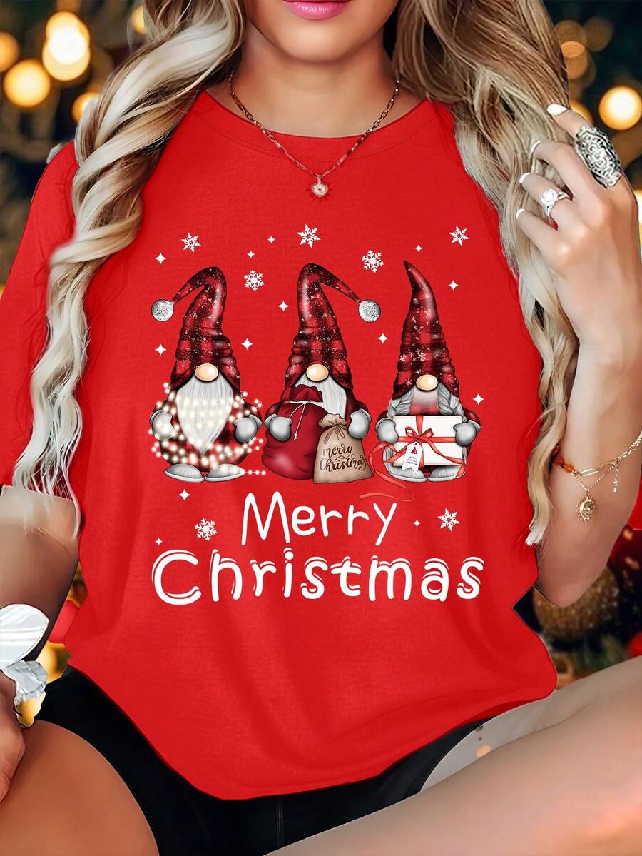 EMERY ROSE 女款圣诞小矮人图案印花短袖T恤-圆领休闲上衣 - 紅色 - 查看 1