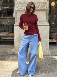 Aloruh 女士酒红色高领长袖修身毛衣，秋冬季 - 酒紅色 - 查看 4