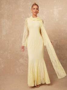 Lumalex 花卉提花针织连衣裙，腰部可调节，喇叭形下摆，百搭廓形 - 杏色 - 查看 6