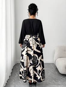 Elenzga Đầm dài tay cổ vuông in hoa cỡ lớn thanh lịch - Nhiều màu - Xem 2