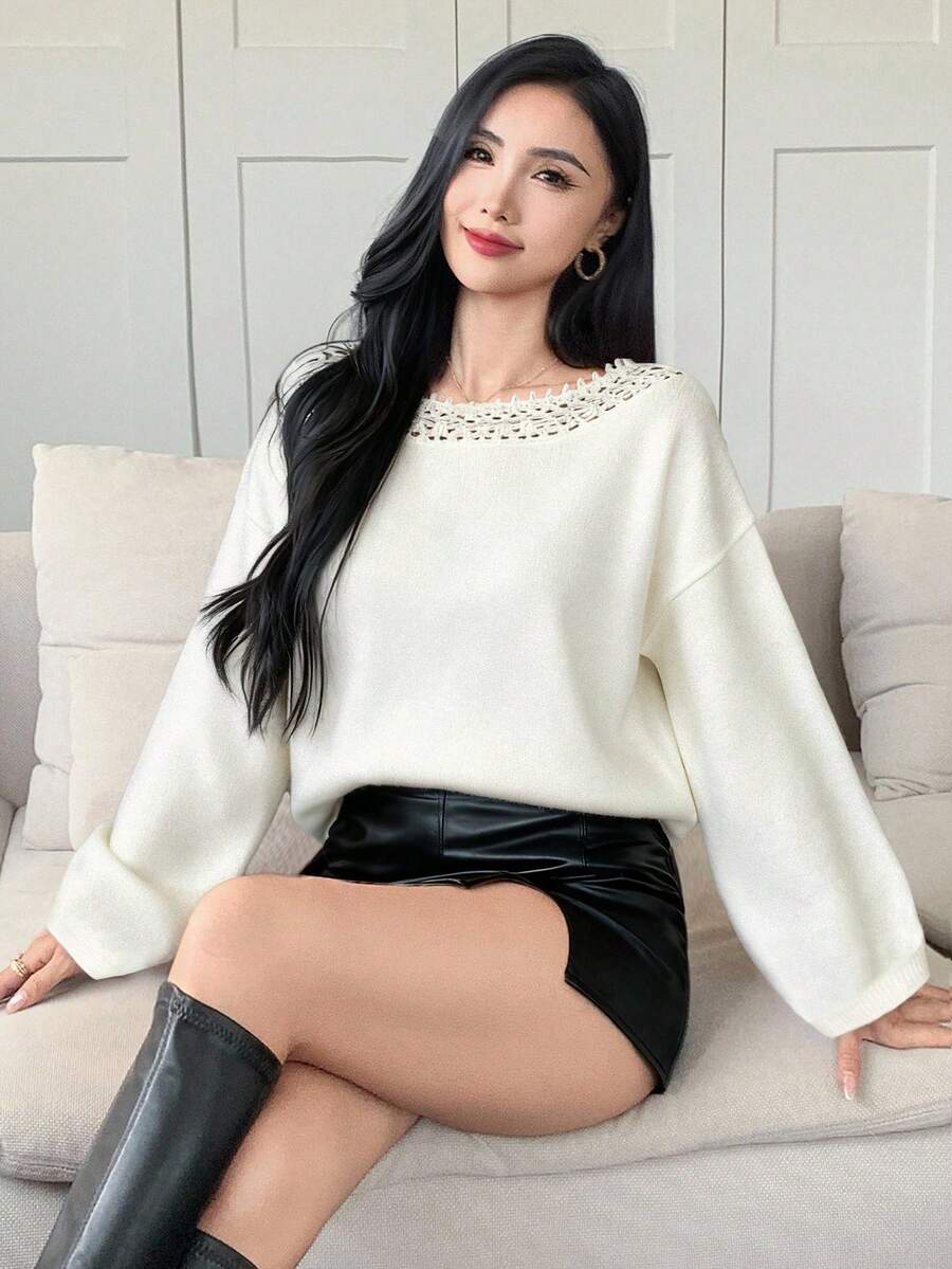 DAZY Women's Solid Color Loose Patchwork Lace Trim Oversized Crew Neck Long Sleeve Elegant Pullover Knit Sweater, Autumn/Winter - Apricot - View 1