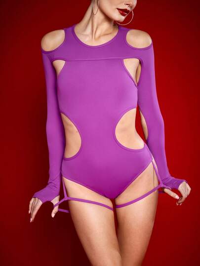 Menodora SHEIN Sport Women's Solid Color Cutout Design Long Sleeve Dancewear Jumpsuit