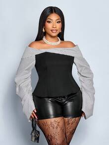 SOLERSUN Camisa Plus Size de Outono com Listras Pretas e Brancas, Camisa Elegante de Manga Longa com Cintura Plissada e Ombros à Mostra para Festa de Casamento Feminina - Preto - Visão 5