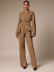 Silquee 女士纯色披肩领长袖打结腰部优雅西装外套 - 棕色 - 查看 6