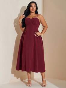 SHEIN Tall CURVE Plus Size Elegant Women Burgundy Summer Wedding Dress,Long Flowy Spaghetti Strap Corset Midi Dress,Solid Color Nightclubs Party Fall Season Outfits - Red - View 4