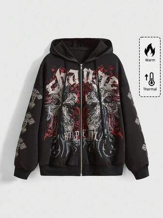 Grunge Punk Felpa ampia con apertura frontale stile retrò Y2K con motivo a vite e croce punk