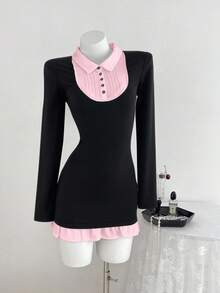 Flirla Women's Patchwork Color Block Long Sleeve Dress, Suitable For Back To School Season, Autumn/Winter - Black - View 4