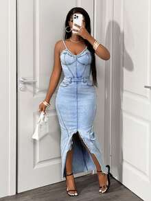 BamGleam Sexy Elastic Fitted Distressed Denim Slip Dress For Women - Light Wash - View 5