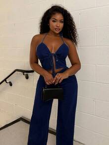 Alexandranx Women Denim Halter Neck Top & Elastic Waist Pants Set, Blue Dark Denim Two Piece Set - Dark Wash - View 6