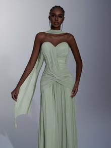 Elitara 优雅的灰绿色高弹力针织网眼紧身胸衣，正面有褶饰，腰部扭纹，鱼尾廓形（可拆卸吊带），飘逸的鱼尾下摆，适合约会、度假、单身派对、婚礼和所有正式场合，精致的晚礼服