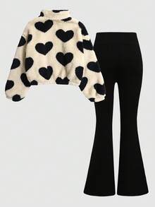 SHEIN 秋冬款女童宽松毛绒心形拉链夹克和喇叭裤套装 - 彩色 - 查看 3