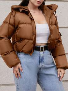 EURMUSE Plus Women's Short Padded Hooded Jacket - Coklat - View 1