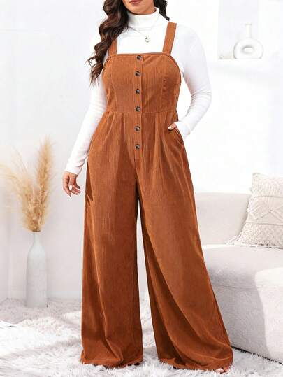 Juhart 大码纯色带口袋休闲时尚连体裤