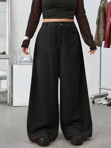 SHEIN EZwear 秋冬大码厚灯芯绒纯色前扣休闲阔腿裤 - 黑色 - 查看 3