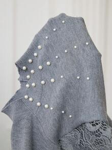 Modelyn Plus Size Pearl Decor Hollow Out Long Sleeve Pullover Sweater/Winter - Beige - View 7