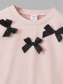 Sweetra 2pcs/Set Young Girl Casual Cute Knit Sweatshirt Set, Long Sleeve Bow Top & Black Pleated Skirt, Suitable For Holiday, Autumn - Pink - View 4