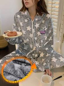 DAZY 2 piezas Conjunto de pijama esponjoso de felpa de coral con estampado de estrellas, con ajuste holgado, top con capucha y pantalones, para otoño/invierno, ropa cómoda para mujer - Gris - Ver 3