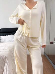 SHEIN Bộ 3 áo thun tay dài dệt kim màu trơn thường ngày cho nữ + áo hai dây + quần dài ngủ, quần áo mùa thu đông - Màu vàng - Xem 3