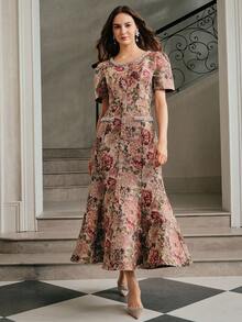 Anewsta Elegant Diamond Patchwork Floral Print Short Sleeve Round Neck Dress For Women, Suitable For Fall, Winter, Spring, New Year, Party, Wedding, Chic, Stylish, Formal, Work, Thanksgiving, Graduation, Christmas, Festival - Red Violet - View 6