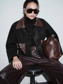 Lumivelle 女士冬季外套，时尚系列，拼接仿皮PU和格子领口袋设计夹克 - 彩色 - 查看 1