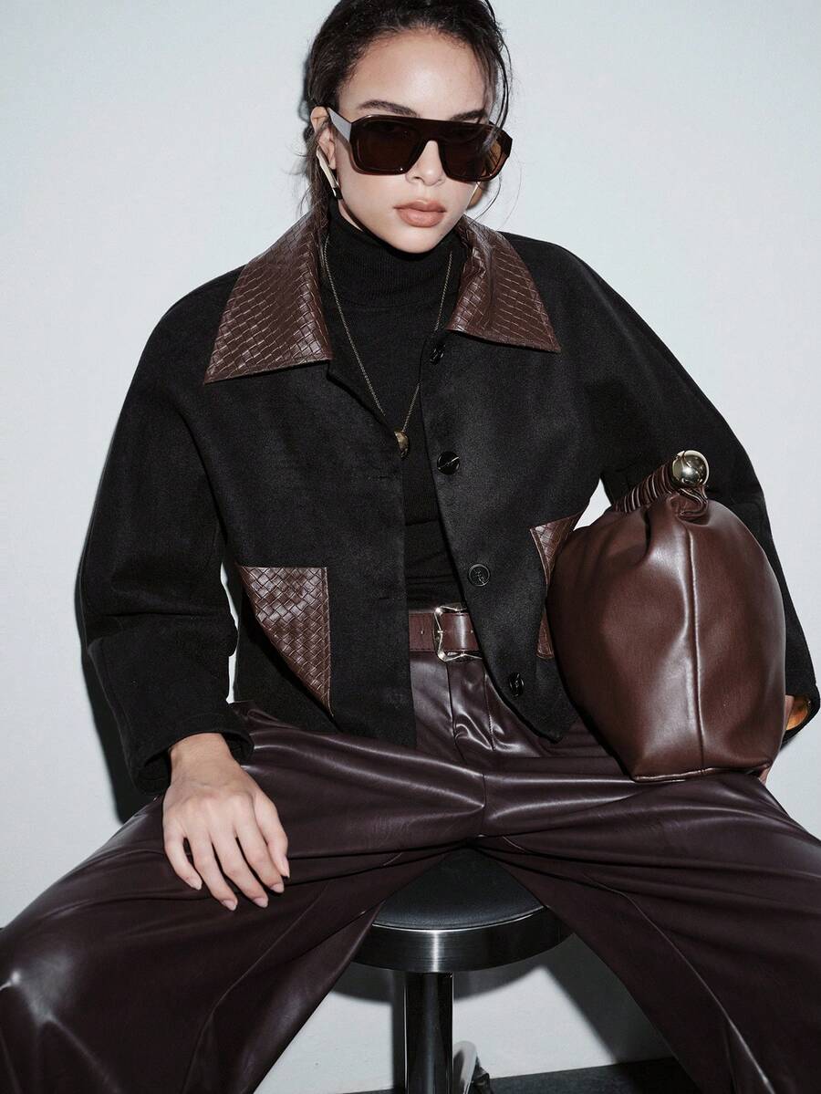 Lumivelle 女士冬季外套，时尚系列，拼接仿皮PU和格子领口袋设计夹克 - 彩色 - 查看 1