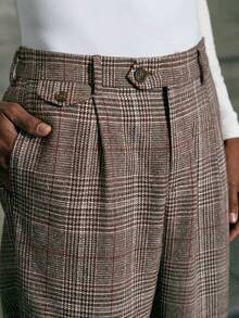 AKNOTIC 男士褶皱设计格子直筒宽松休闲裤高腰裤格子裤褶皱裤法兰绒褶皱长裤男士修身版型教堂裤，冬天穿