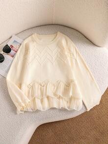 少女毛衣，精致提花针织套头衫，荷叶边装饰，甜美雪纺拼接设计长袖上衣，适合秋冬季女童穿着 - 杏色 - 查看 1