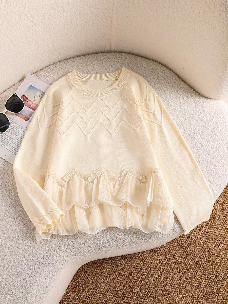 少女毛衣,精致提花针织套头衫,荷叶边装饰,甜美雪纺拼接设计长袖上衣,适合秋冬季女童穿着 - 杏色 - 查看 1
