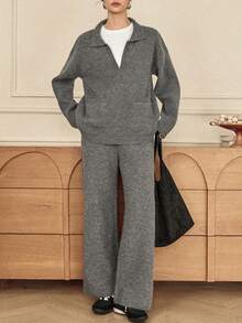 Dazy-Less 女士宽松商务休闲优雅针织毛衣连帽衫和直筒运动裤两件套，适合秋季、冬季、新年、圣诞节 - 灰色 - 查看 2