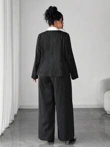 Elenzga 大码女式优雅设计纯色面料拼布翻领长袖系腰西装外套和简约长款直筒条纹西装裤套装 - 黑色 - 查看 2