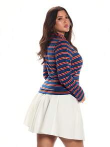 Solavibe Plus Size Turtleneck Striped T-Shirt, Autumn/Winter - Multicolor - View 7