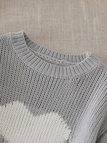 Baby Girls' Cute Heart Pattern Crew Neck Sweater And Striped Knit Pants 2Pcs Set,Autumn Winter Grey Knitted Outfits For Family Matching - Grey - View 5