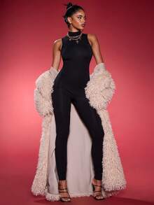 Normani Solid Color Round Neck Sleeveless Fitted Casual Knit Jumpsuit For Women - Black - View 3