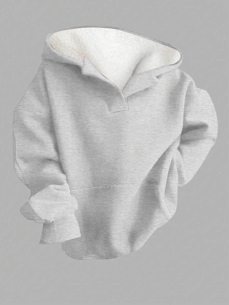 SHEIN EZwear 女士休闲简约浅灰色印花宽松长袖卫衣，带口袋，适合秋冬季穿着 - 淺灰色 - 查看 1