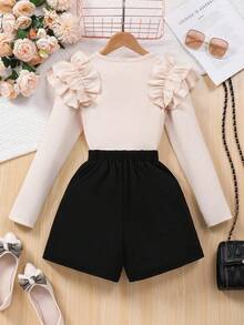 Tween Girl Ruffle Shoulder Long Sleeve Top + Skort 2 Pieces Set - Apricot - View 2