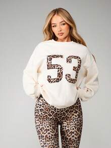 Missguided x Playboy Áo nỉ chui đầu cỡ lớn họa tiết da báo cổ tròn và tay dài cho trang phục thường ngày mùa đông - Màu be - Xem 3
