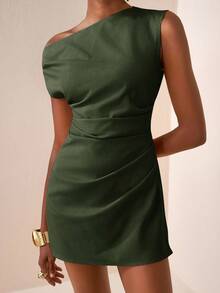 Zivah New Spring/Summer New Music Festival, Easter, St. Patrick's Day, Western, Nomadic, Birthday Party, Graduation, Campus Style, Student Wear, DaiAll-Matchsual, Basic Versatile, Leisure, Cruise Travel, Beach, Sunbathing, Fashionable, Dropped Shoulder, Asymmetric, Linen-Feel Texture, Khaki Women Short Dress - Dark Green - View 7